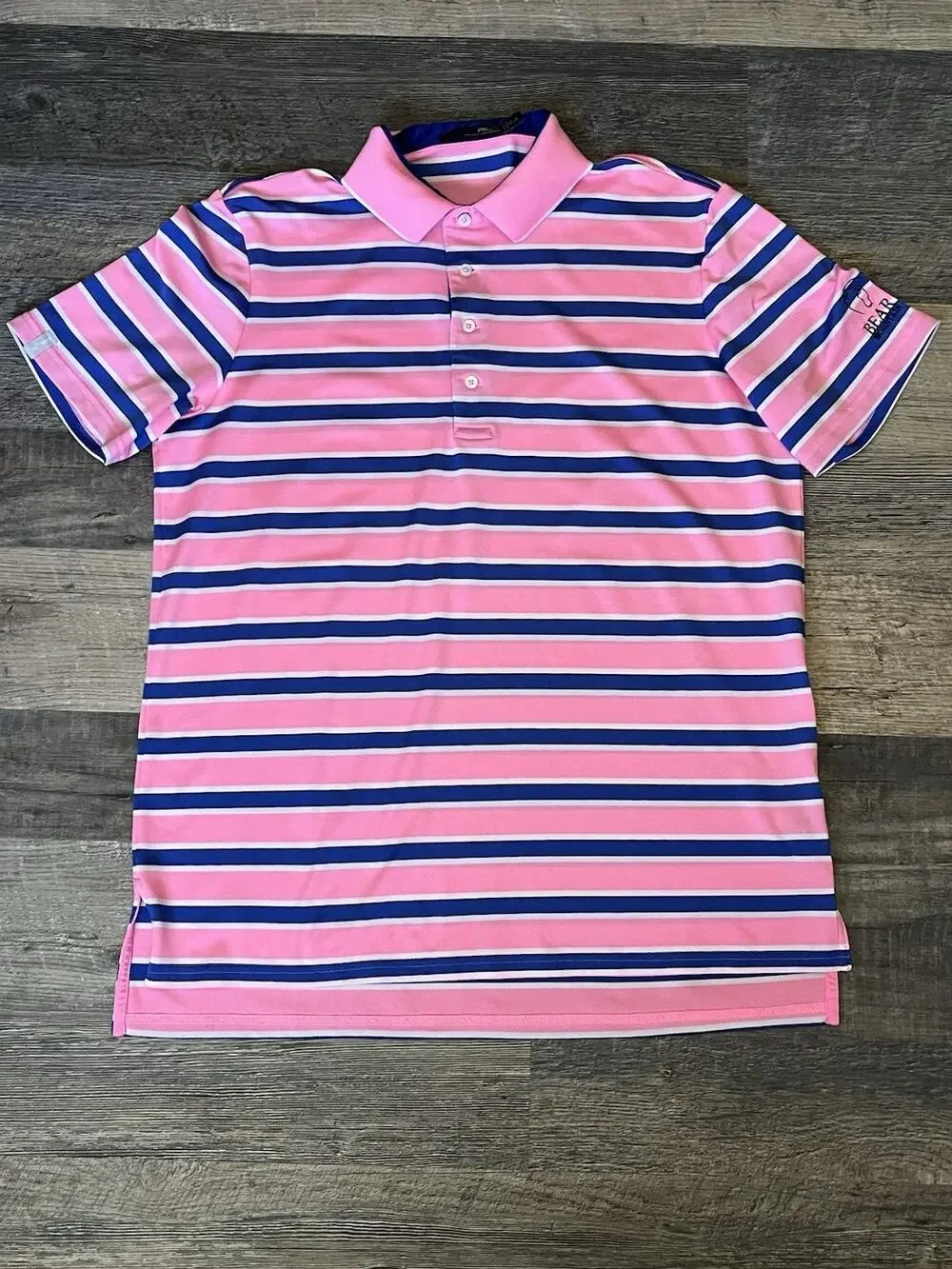 RLX Ralph Lauren Golf Polo Men L Pink Blue Wht Stripe Bear Mountain Performance